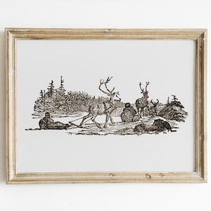 Pintura de esboço de rena, vintage de natal para impressão, impressão de natal, pôster de esboço de natal, arte de parede vintage de natal de inverno