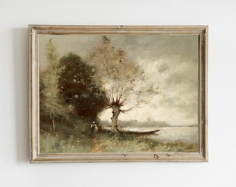 Antique Vintage Lake Coastal Painting, Printable Lake Painting, Warm Wall Art, Antique Muted Vintage Coastal Print