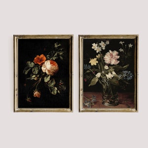Dark Floral Still Life Oil Painting, Moody Printable Gallery Wall Art Set Of 2, Dark Academia Decor Set, Botanical Goth