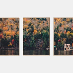 Conjunto imprimible del lago del paisaje de otoño, conjunto de arte de pared de la galería de otoño de 3, cartel del bosque de otoño, impresiones del lago de la naturaleza de otoño