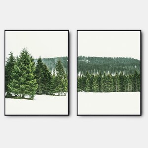 Winter Gallery Wall Art Set Of 2, Modern Winter Forest Poster, Pine Trees Prints, Snow Gallery Landscape Printable Set