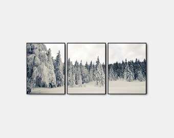Winter Gallery Wall Art Set Of 3, Modern Winter Forest Poster, Pine Trees Prints, Snow Gallery Landscape Printable Set