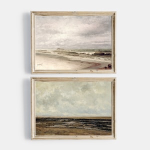 Vintage imprimible galería arte de la pared conjunto de 2, impresiones de playa antiguas neutrales silenciadas, pintura al óleo costera de paisaje marino vintage
