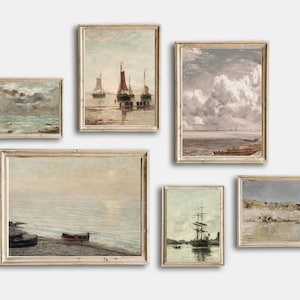 Pintura costera de paisaje marino vintage, conjunto de arte de pared de galería imprimible vintage de 6, arte de pared con impresiones de barcos náuticos antiguos