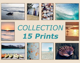 Sunset Coastal Print Pastel Set Of 15, Aerial Surf, Surfboard Print, Lifeguard Poster, Summer California Beach Wall Art
