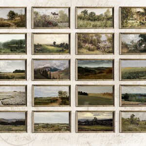 May include: A collage of 16 framed landscape paintings, each depicting a different scene of nature, including fields, forests, mountains, and rivers. The paintings are arranged in a grid pattern on a white background.