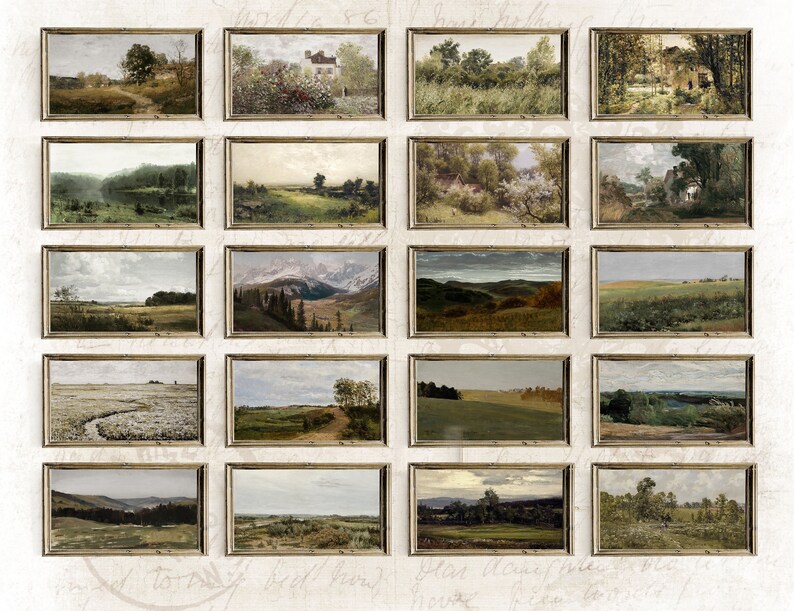 May include: A collage of 16 framed landscape paintings, each depicting a different scene of nature, including fields, forests, mountains, and rivers. The paintings are arranged in a grid pattern on a white background.