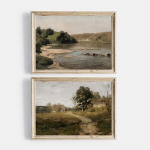 Summer Country Antique Paintings, Vintage Landscape Prints Gallery Wall Art Set Of 2, Antique River Digital Printable