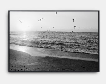 Impressões em preto e branco de praia, arte de parede em preto e branco costeira do pôr do sol, praia de verão na Califórnia, pôster de oceano tropical