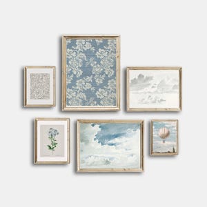 Pósteres de blues, juego de 6 obras de arte para pared de galería, flores vintage apagadas para imprimir, impresión de acuarela de nubes, tela azul vintage