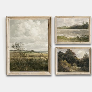 Summer Country Antique Paintings, Vintage Landscape Prints Gallery Wall Art Set Of 3, Antique River Digital Printable