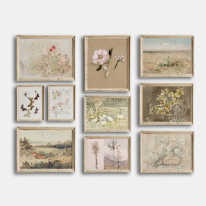 Girls Room Nursery Vintage, Gallery Wall Art Set de 10, Estampados botánicos suaves, Flores en tonos neutros, Imprimible silenciado