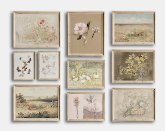 Girls Room Nursery Vintage, Gallery Wall Art Set Of 10, Botanical Soft Prints, Flowers Neutral Tones, Muted Printable