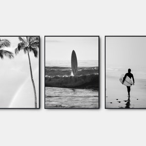 Beach Black And White Prints, Gallery Wall Art Set Of 3, Palm Tree Printable Art, Aerial Surf, Black and White Wall Art