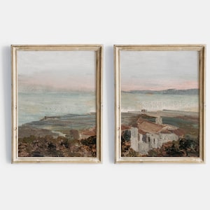 Mediterranean Coastal Painting, Vintage Printable Gallery Wall Art Set Of 2, Vintage Seascape Coastal Painting Prints