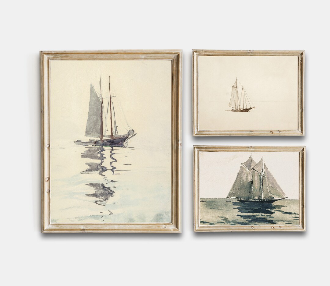 Vintage Printable Gallery Wall Art Set of 3, Antique Nautical Sailboat ...