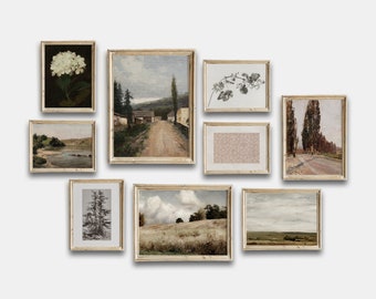 Rustic Printable Gallery Wall Art Set Of 9, Muted Rustic Landscape Warm Prints, Vintage Sketch Country Flowers Prints