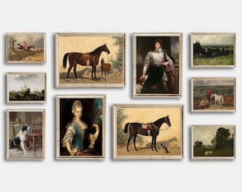 May include: A gallery wall of framed artwork featuring various scenes, including a horse and rider, a portrait of a woman, a landscape, and a dog. The frames are all in a similar style, with a light wood finish.