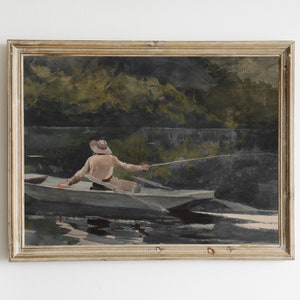 Lake Watercolor Fisherman Decor, Vintage Muted Watercolor Lake Painting, Antique Muted Vintage Coastal Print