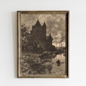 Stampa di pittura di paesaggio lunatico, arte da parete stampabile vintage scuro, arredamento accademico scuro, pittura del cielo notturno
