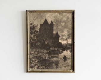 Moody Landscape Painting Print, Dark Vintage Printable Wall Art, Dark Academia Decor, Night Sky Painting