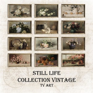 May include: A collection of ten vintage still life paintings in ornate frames. The paintings feature various subjects, including flowers, fruit, and household items.