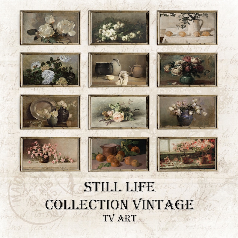 May include: A collection of ten vintage still life paintings in ornate frames. The paintings feature various subjects, including flowers, fruit, and household items.