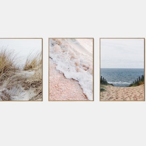 Neutral Beach Prints Set Of 3, Pampas Wall Art, Dried Grass Printable, Modern Coastal Printable, Summer Waves Print