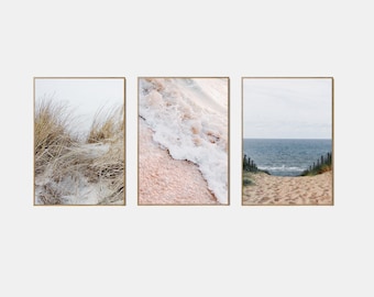 Neutral Beach Prints Set Of 3, Pampas Wall Art, Dried Grass Printable, Modern Coastal Printable, Summer Waves Print