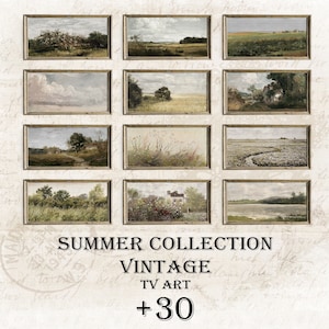 May include: A collection of 12 vintage framed landscape paintings with a rustic, faded look. The paintings depict various scenes of nature, including fields, trees, and water. The frames are all made of wood and have a distressed finish. The text "SUMMER COLLECTION VINTAGE TV ART +30" is printed below the paintings.