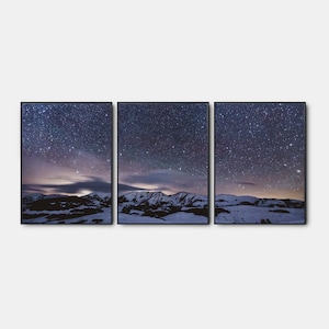 Winter Gallery Wall Art Set de 3, póster moderno del bosque de invierno, impresiones de cielo estrellado, conjunto imprimible de paisaje de la galería de nieve