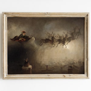 Pintura de Papai Noel, Natal Vintage para Imprimir, Impressão de Natal, Trenó com Pôster de Rena, Arte de Parede Vintage de Inverno e Natal