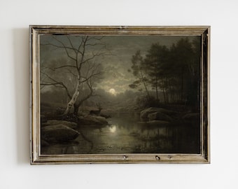 Moody Landscape Painting Print, Dark Vintage Printable Wall Art, Dark Academia Decor, Night Sky Painting