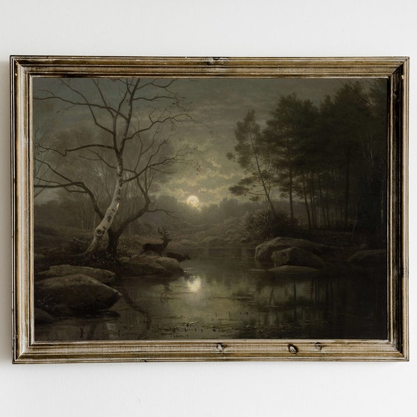 Moody Landscape Painting Print, Dark Vintage Printable Wall Art, Dark Academia Decor, Night Sky Painting