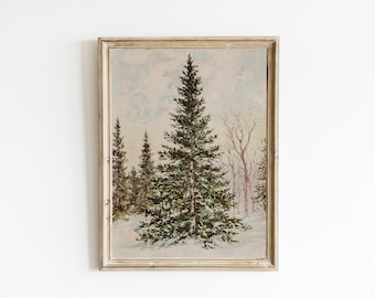 Christmas Vintage Printable, Xmas Print, Antique Tree Poster, Winter Xmas Vintage Wall Art, Christmas Tree Painting