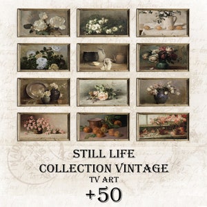 May include: A collection of 10 vintage still life paintings in ornate gold frames. The paintings feature various subjects, including flowers, fruit, and household items. The paintings are arranged in a grid pattern on a white background. The text "STILL LIFE COLLECTION VINTAGE TV ART +50" is printed below the paintings.