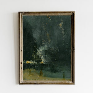 Pode incluir: Uma pintura emoldurada de um céu noturno verde escuro com uma luz branca e amarela brilhante no centro. A luz é cercada por pequenas estrelas brancas e amarelas.