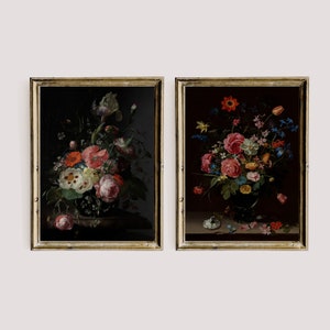 Dark Floral Still Life Oil Painting, Moody Printable Gallery Wall Art Set Of 2, Dark Academia Decor Set, Botanical Goth