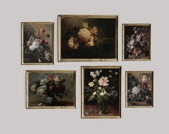 Pintura al óleo de bodegones florales oscuros, conjunto de arte de pared de galería imprimible Moody de 6, conjunto de decoración de academia oscura, gótico botánico