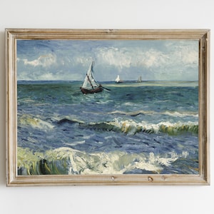 May include: A framed painting of a seascape with a sailboat in the foreground and two sailboats in the distance. The sea is a vibrant blue with whitecaps and the sky is a light blue with white clouds.