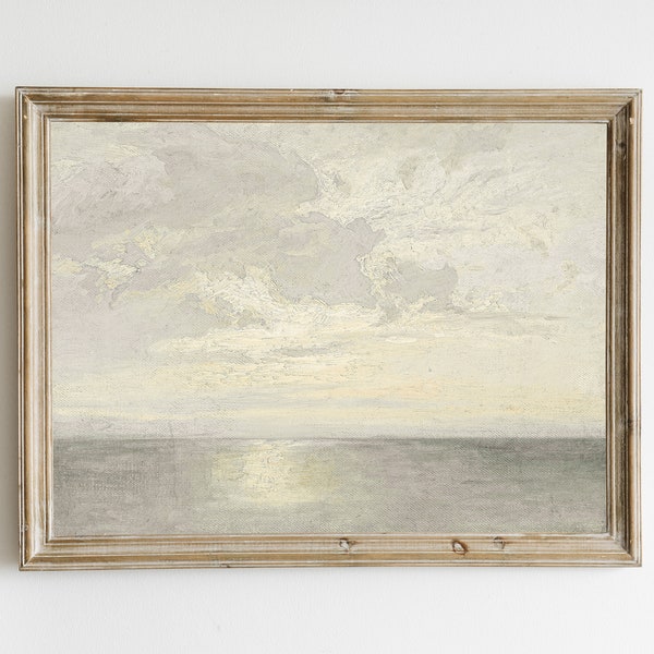 Vintage Seascape Coastal Oil Painting, Warm Tone Printable, Neutral Antique Beach Print, Muted Vintage Seascape Wall Art