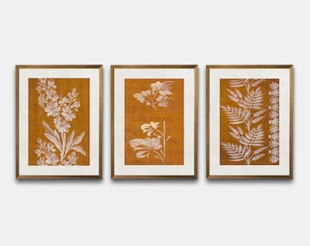 Antique Textile Print, Burnt Orange Botanical Print Digital Printable, Vintage Printable Gallery Wall Art Set Of 3