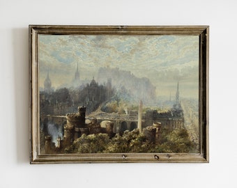 Edinburgh Print, Dark Vintage Printable Wall Art, Dark Academia Decor, Cottagecore Painting, Edinburgh Scotland