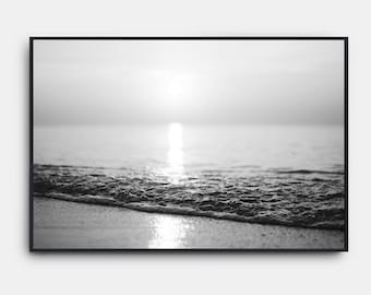 Impressões em preto e branco de praia, arte de parede em preto e branco costeira do pôr do sol, praia de verão na Califórnia, pôster de oceano tropical