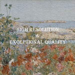 May include: A painting depicting a seascape with a rocky coastline and a field of wildflowers in the foreground. The sky is a light blue and the water is a deep blue. The painting is titled "HIGH RESOLUTION & EXCEPTIONAL QUALITY".