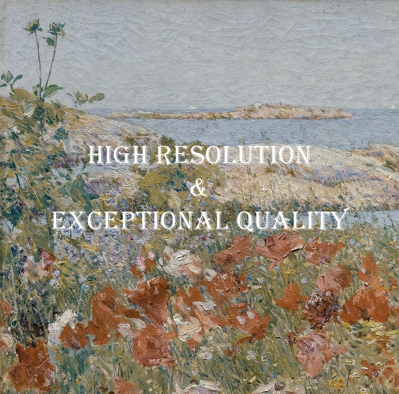 May include: A painting depicting a seascape with a rocky coastline and a field of wildflowers in the foreground. The sky is a light blue and the water is a deep blue. The painting is titled "HIGH RESOLUTION & EXCEPTIONAL QUALITY".