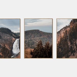 Conjunto imprimible de paisaje de otoño, conjunto de arte de pared de la galería de otoño de 3, cartel del bosque de otoño, impresiones de cascada de naturaleza de otoño