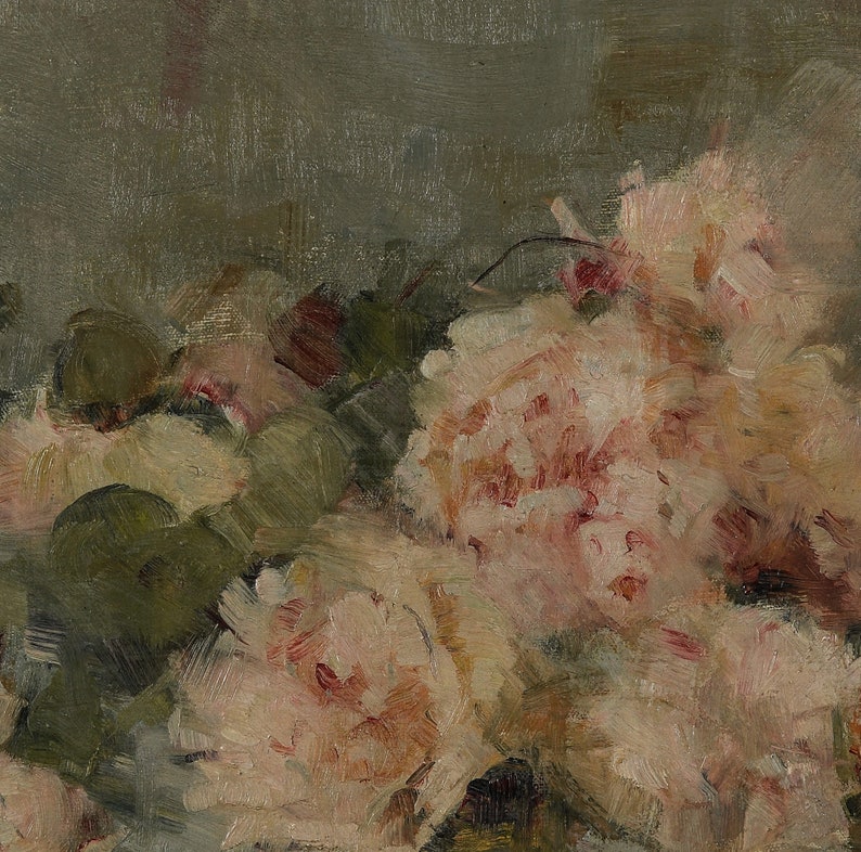 May include: A close-up of a still life painting featuring a bouquet of pink peonies with green leaves. The flowers are painted in a loose, impressionistic style with visible brushstrokes.