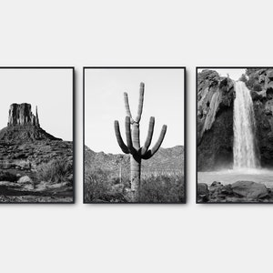 Saguaro Prints, Gallery Wall Art Set Of 3, Arizona Desert Black And White Prints, Waterfall Black And White Wall Art