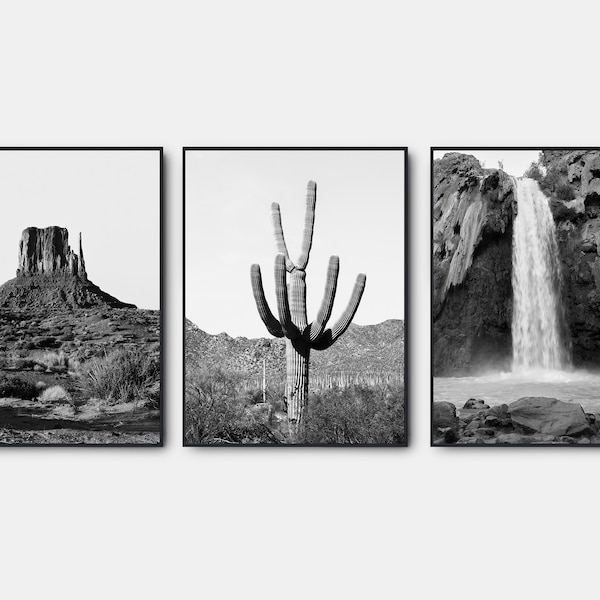 Saguaro Prints, Gallery Wall Art Set Of 3, Arizona Desert Black And White Prints, Waterfall Black And White Wall Art